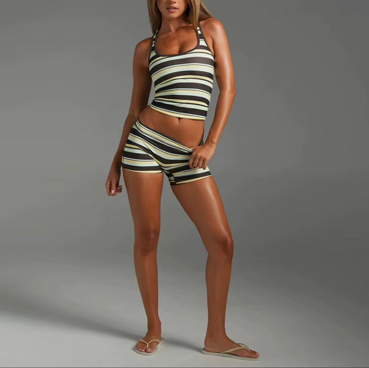 Jasper Striped Racer Back Tank Biker Shorts Yoga Set