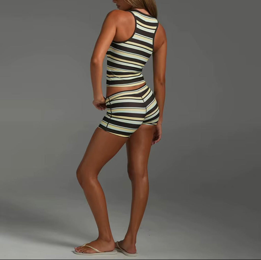 Jasper Striped Racer Back Tank Biker Shorts Yoga Set