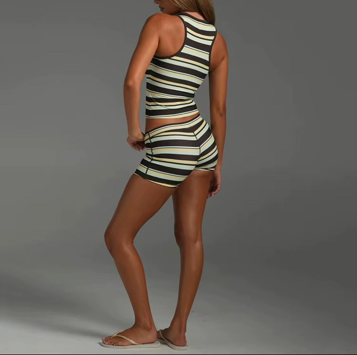 Jasper Striped Racer Back Tank Biker Shorts Yoga Set