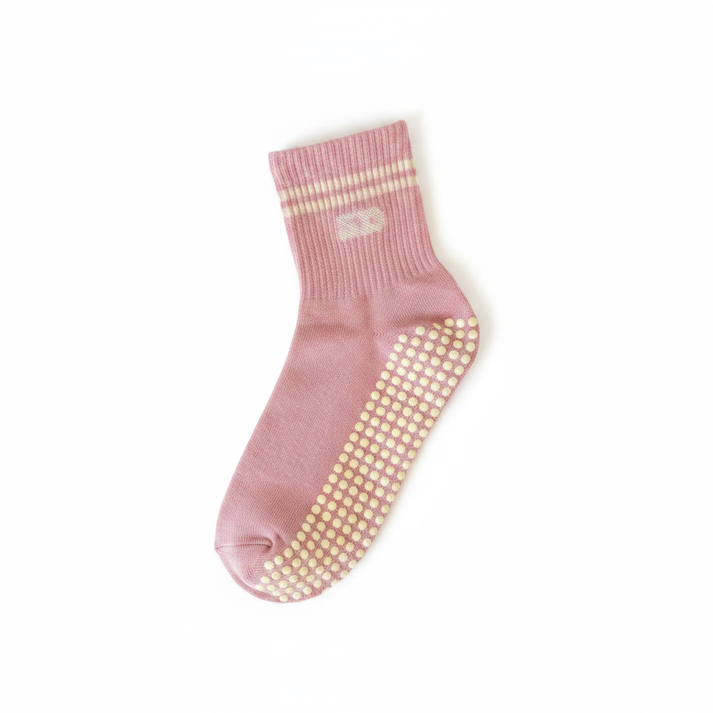 Pink pilates grip Socks for girls with Butter yellow Double stripe and Antislip dots for stability in Belfast United kingdom and Ireland.