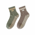 Sage Green and Mocha Brown pilates grip Socks for Women, Men, Boys, Girls with Butter yellow and white Double stripe and Anti-slip dots for stability in Belfast United kingdom and Ireland.