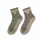 Sage Green and Mocha Brown pilates grip Socks for Women, Men, Boys, Girls with Butter yellow and white Double stripe and Anti-slip dots for stability in Belfast United kingdom and Ireland.