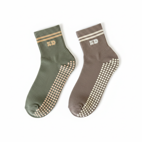 Sage Green and Mocha Brown pilates grip Socks for Women, Men, Boys, Girls with Butter yellow and white Double stripe and Anti-slip dots for stability in Belfast United kingdom and Ireland.